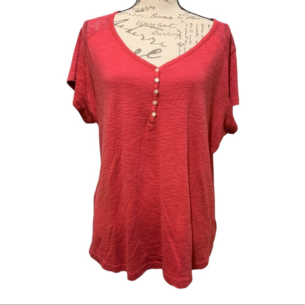 Chaps Red V neck top with Lace details size 3X